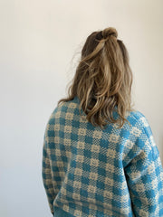 Ready-To-Ship - Cashmere Checkmate Cardigan - Sky Blue & Cream