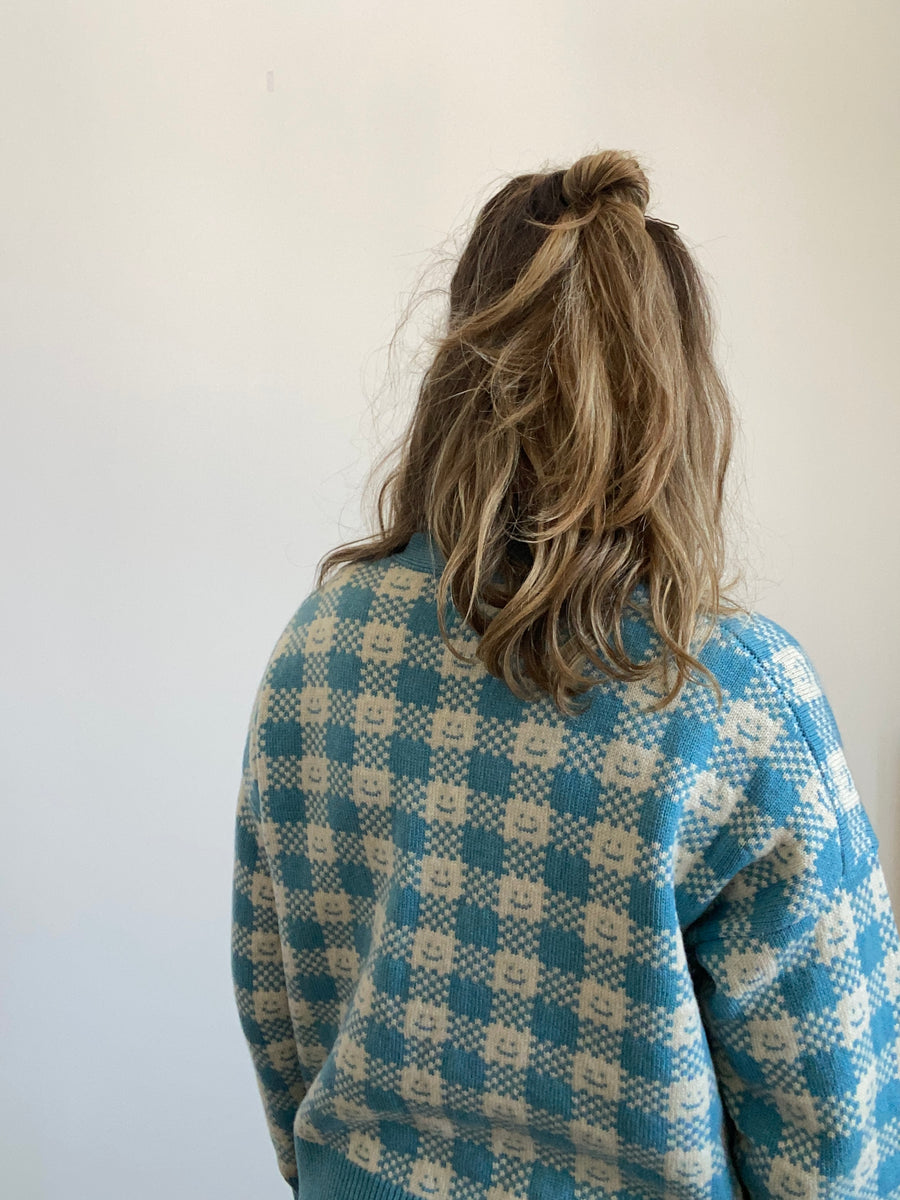 Ready-To-Ship - Cashmere Checkmate Cardigan - Sky Blue & Cream