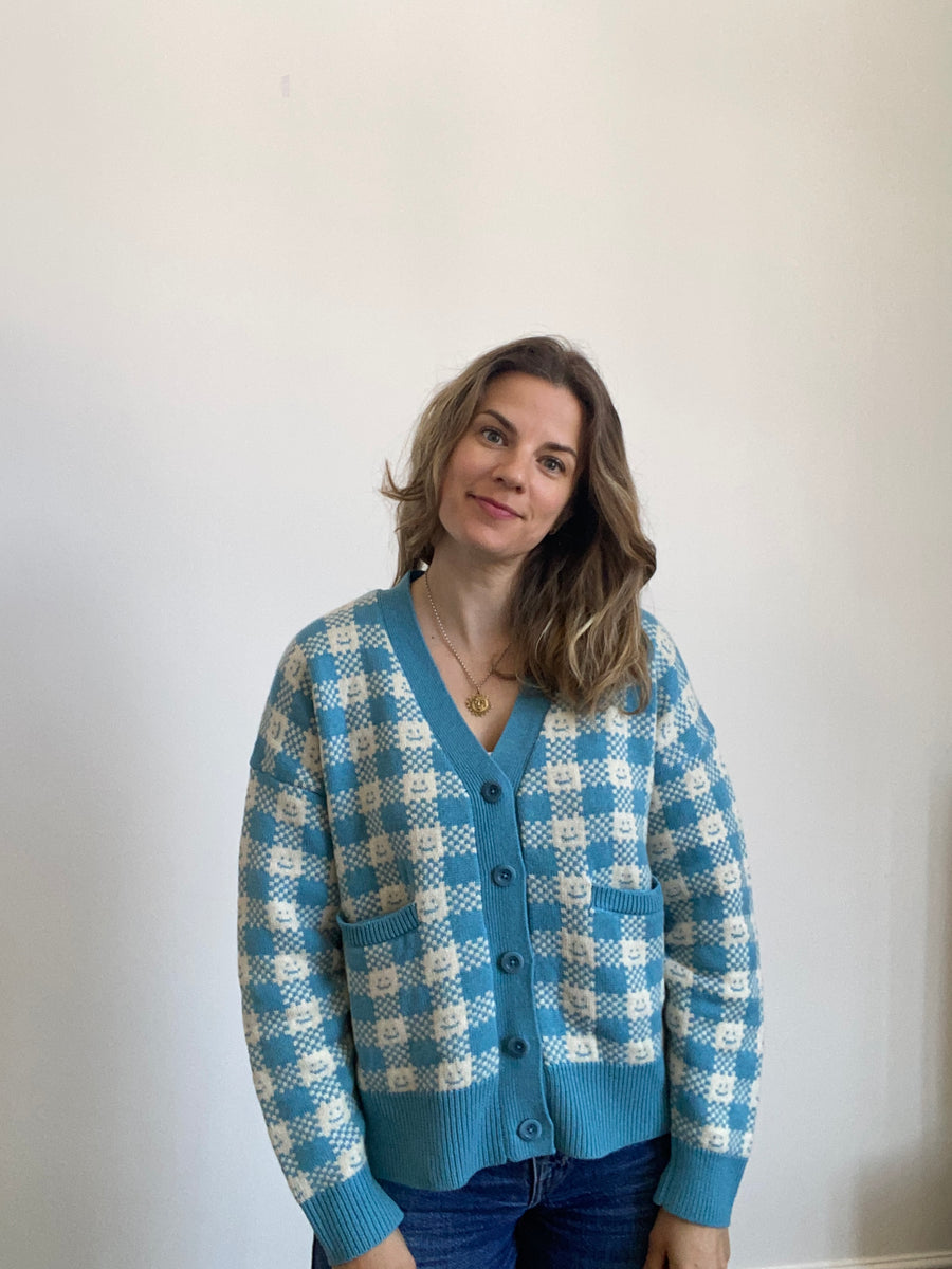 Ready-To-Ship - Cashmere Checkmate Cardigan - Sky Blue & Cream