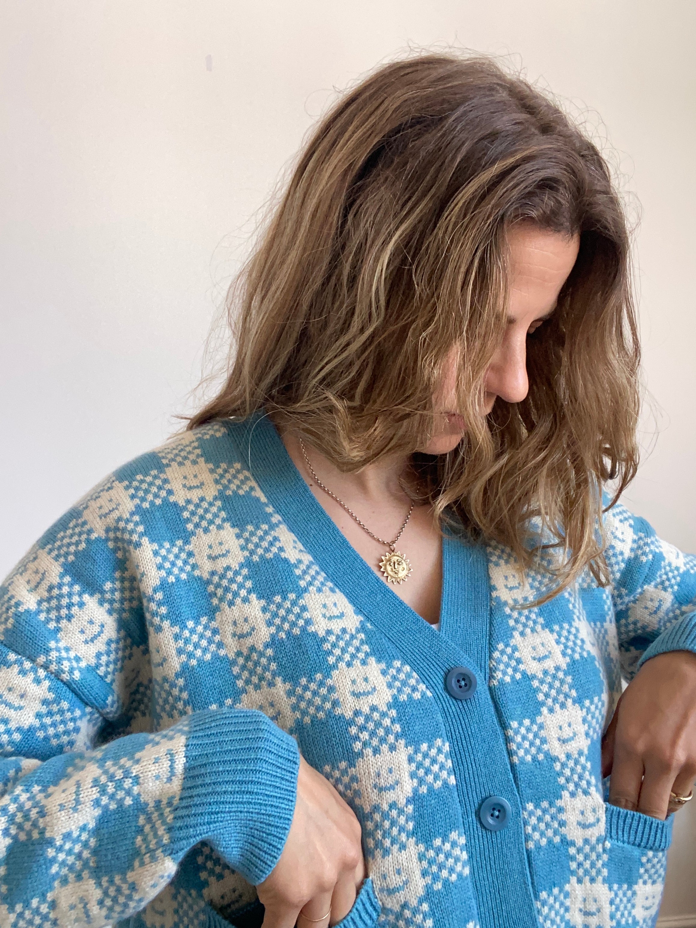 Ready-To-Ship - Cashmere Checkmate Cardigan - Sky Blue & Cream