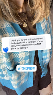 Ready-To-Ship - Cashmere Checkmate Cardigan - Sky Blue & Cream