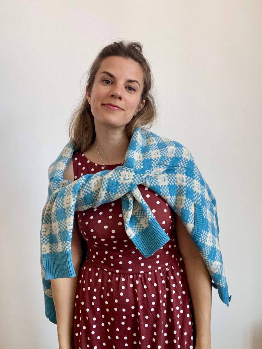 Ready-To-Ship - Cashmere Checkmate Cardigan - Sky Blue & Cream