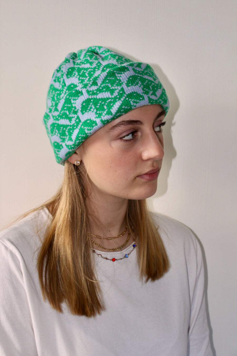 Ready-To-Ship - Cashmere Blend T-Rex Hat - Light Blue & Green