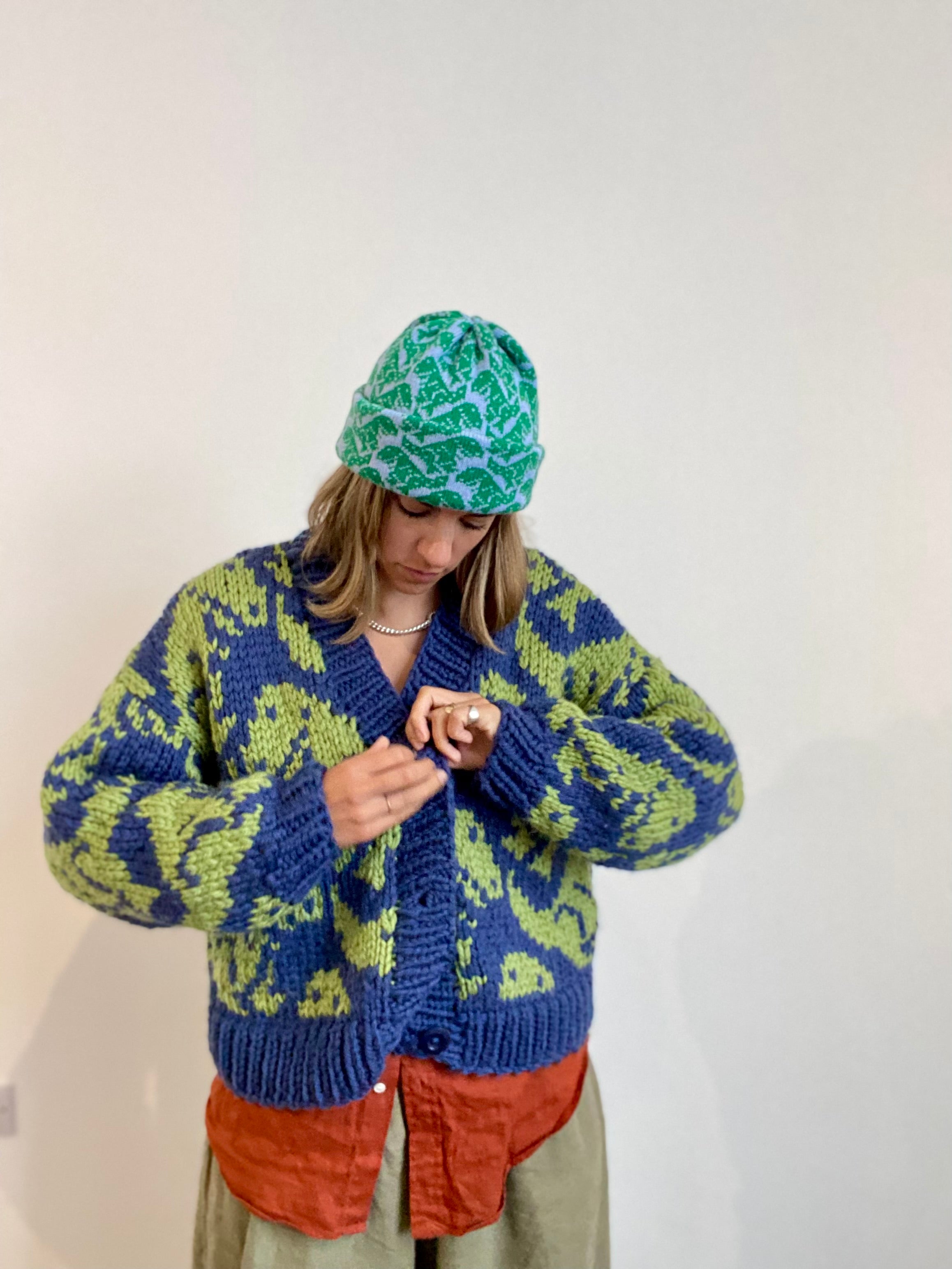 Cashmere Blend T-Rex Hat - Light Blue & Green