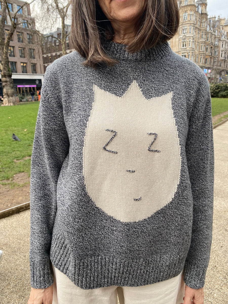 Ready-To-Ship, Cashmere blend Sticker Jumper - Grey Twist and Cream