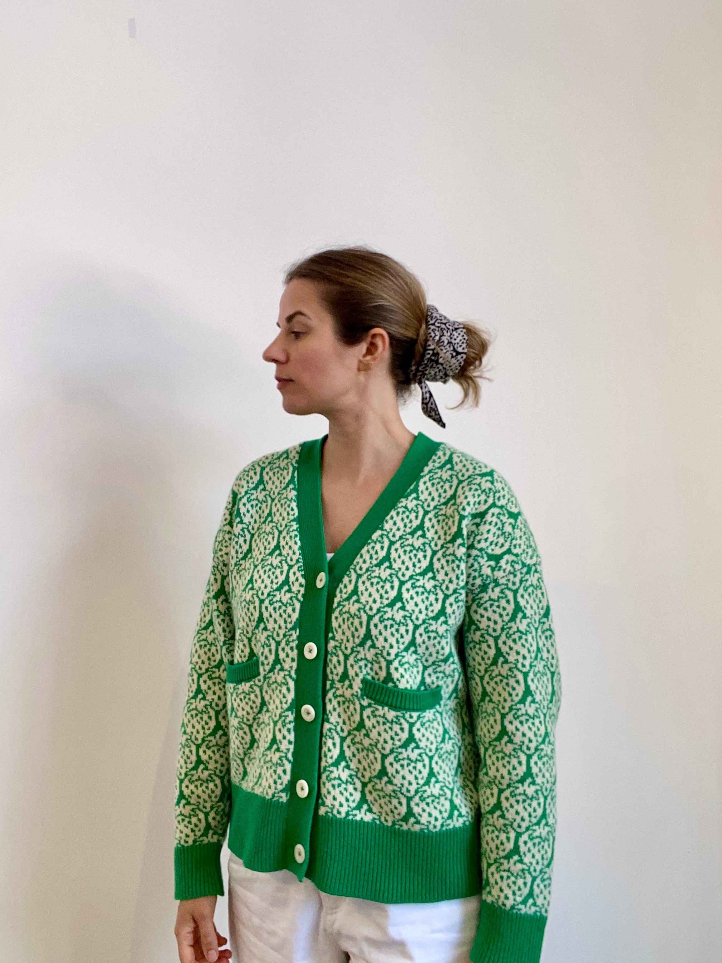 Pre-Order - Cashmere Strawberry Cardigan - Green & Cream