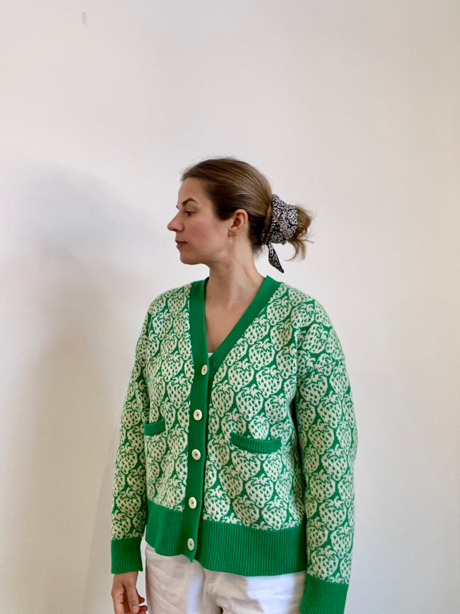Pre-Order - Cashmere Strawberry Cardigan - Green & Cream