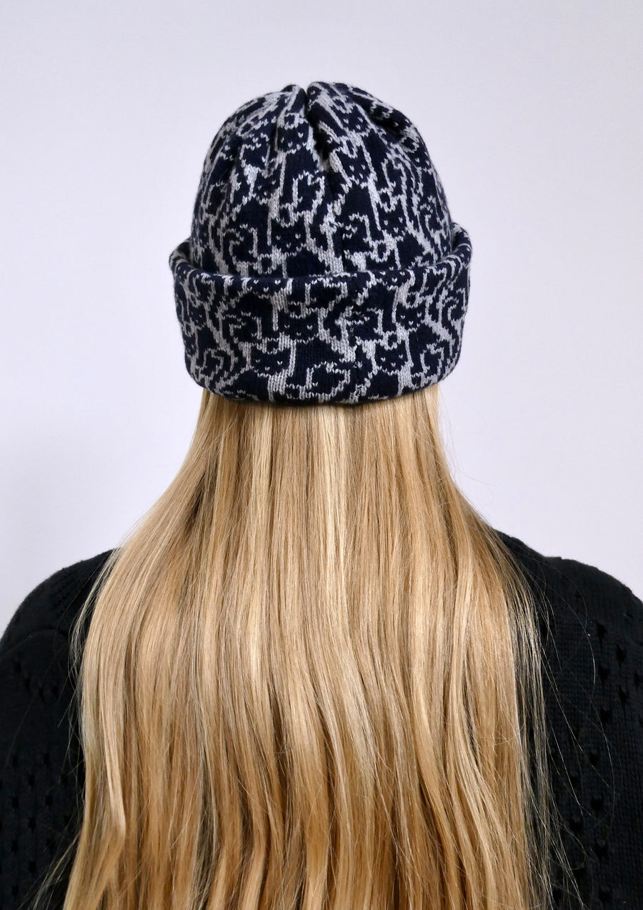 Ready-To-Ship - Cashmere Blend Cat Lady Hat - Light Grey Marl & Navy
