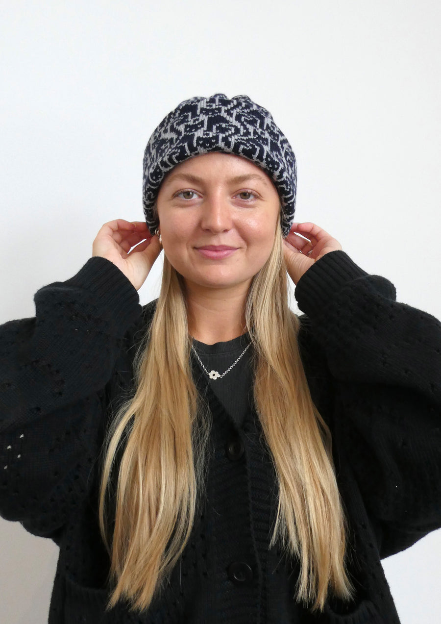 Ready-To-Ship - Cashmere Blend Cat Lady Hat - Light Grey Marl & Navy