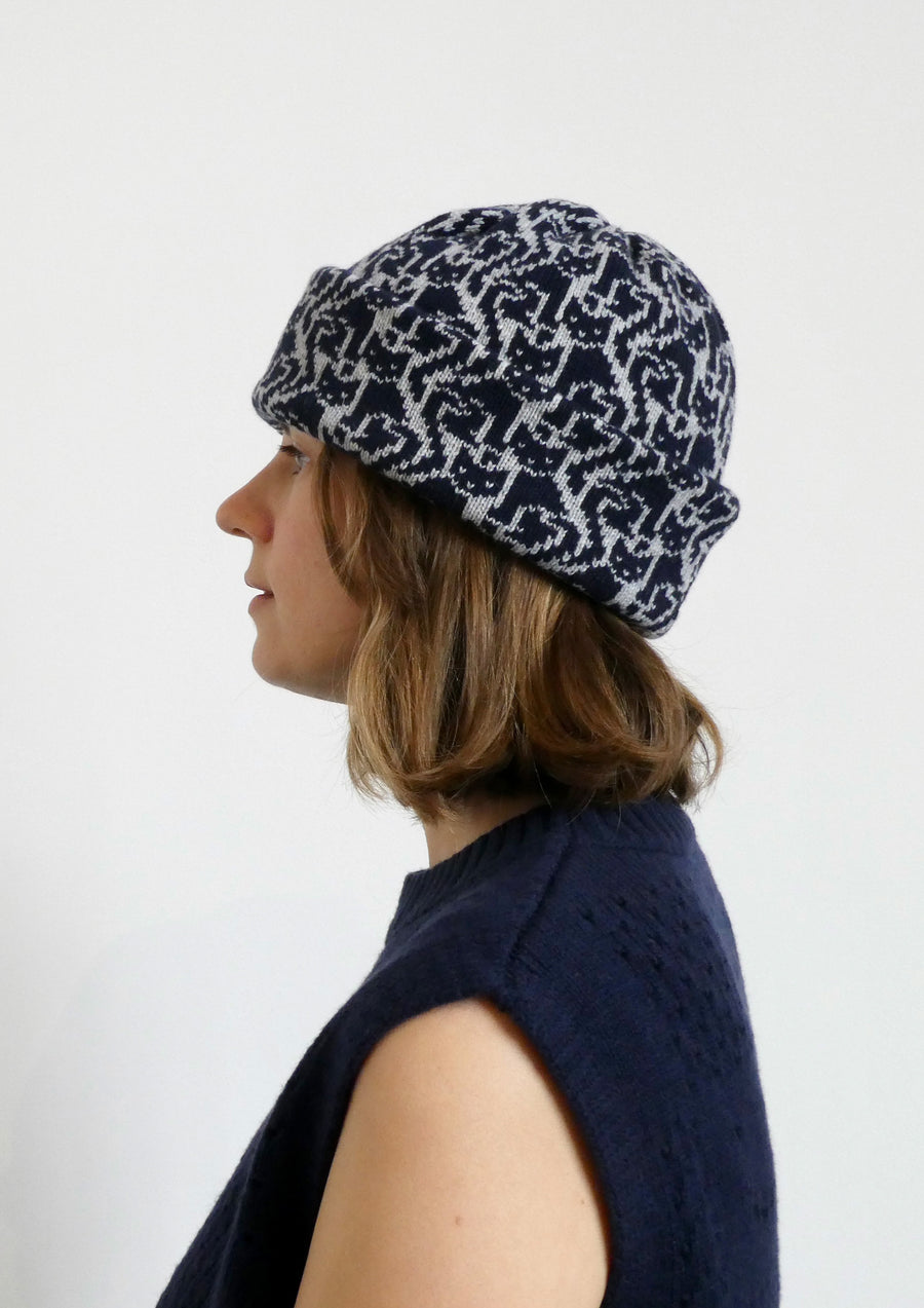 Ready-To-Ship - Cashmere Blend Cat Lady Hat - Light Grey Marl & Navy