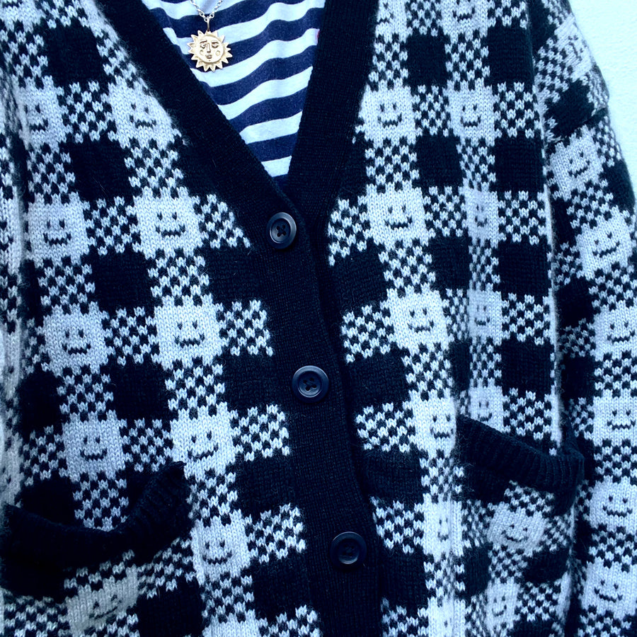 Ready-To-Ship - Cashmere Checkmate Cardigan - Black & Grey Marl