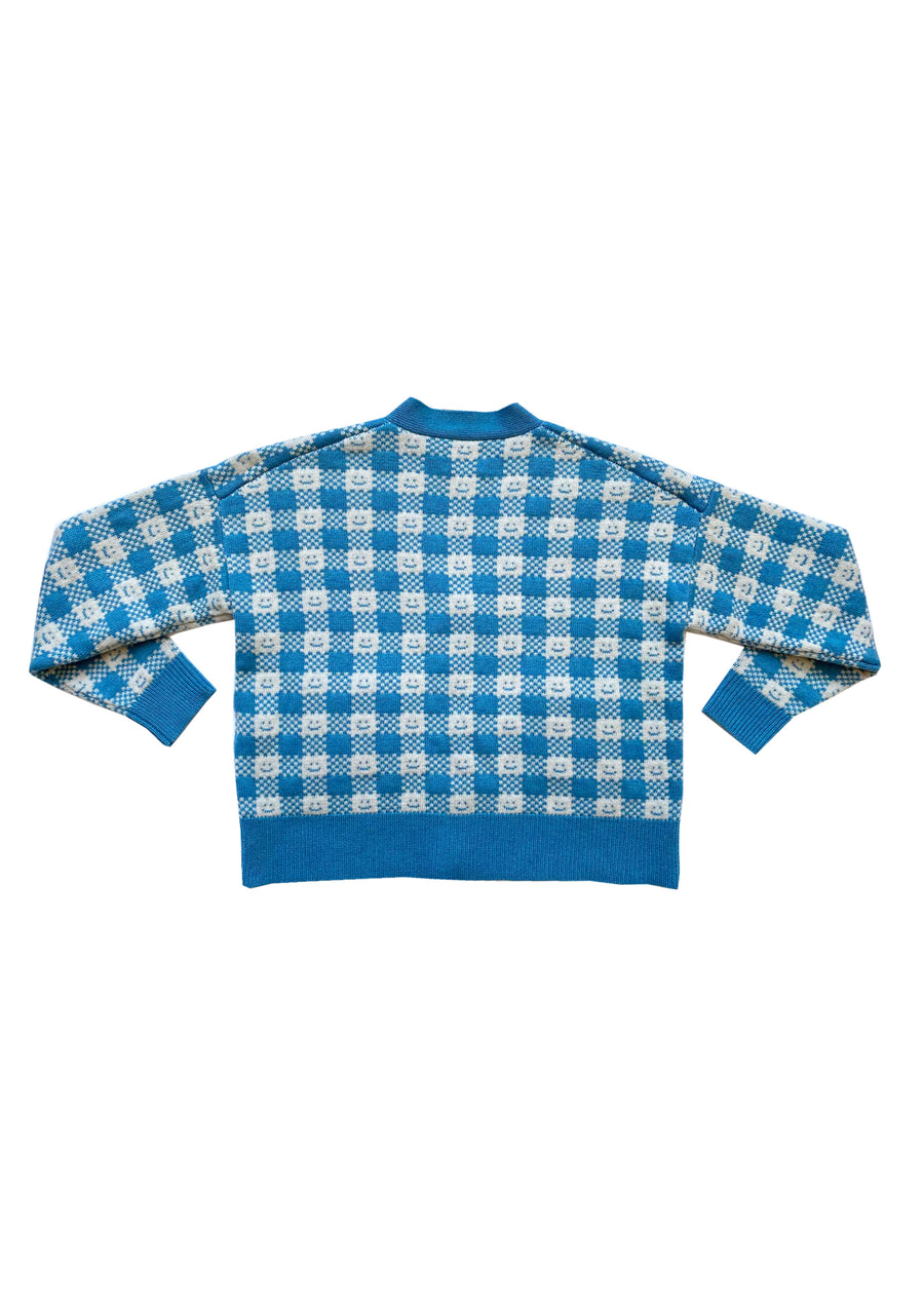 Ready-To-Ship - Cashmere Checkmate Cardigan - Sky Blue & Cream