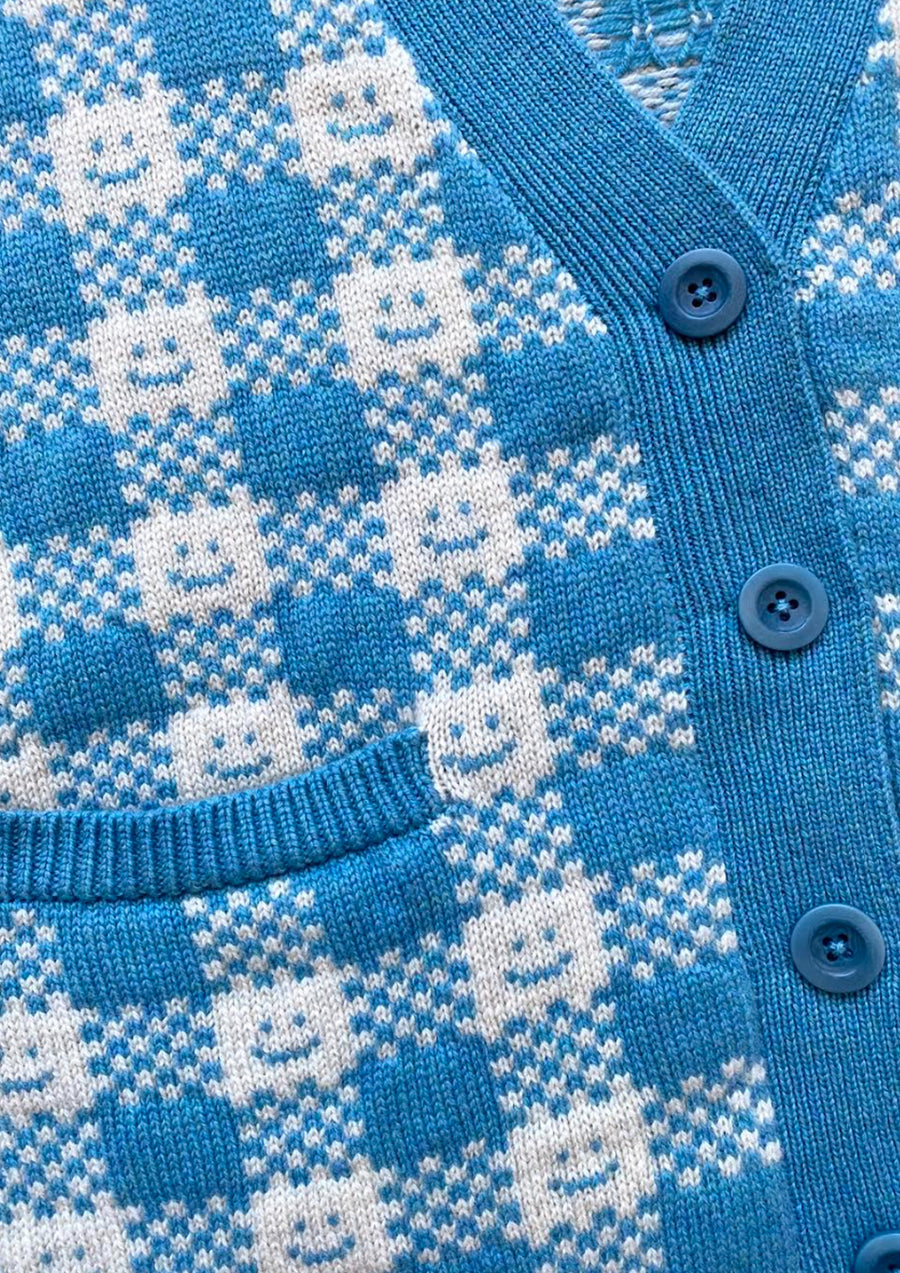 Ready-To-Ship - Cashmere Checkmate Cardigan - Sky Blue & Cream