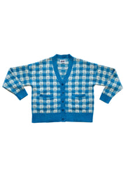 Ready-To-Ship - Cashmere Checkmate Cardigan - Sky Blue & Cream