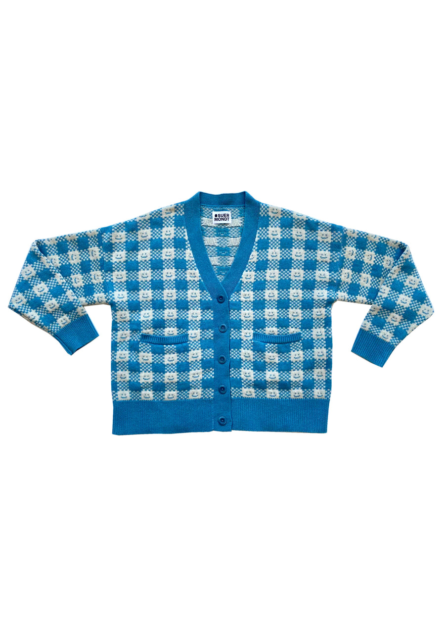 Ready-To-Ship - Cashmere Checkmate Cardigan - Sky Blue & Cream