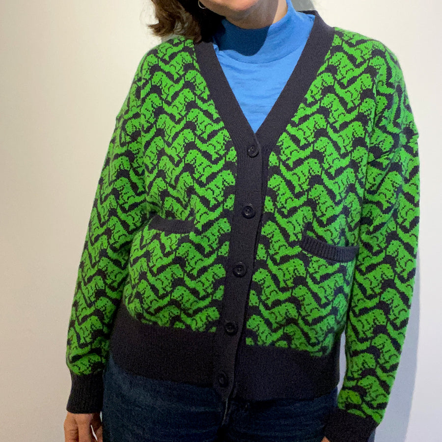 Ready-To-Ship - Cashmere T-Rex Cardigan - Navy & Green